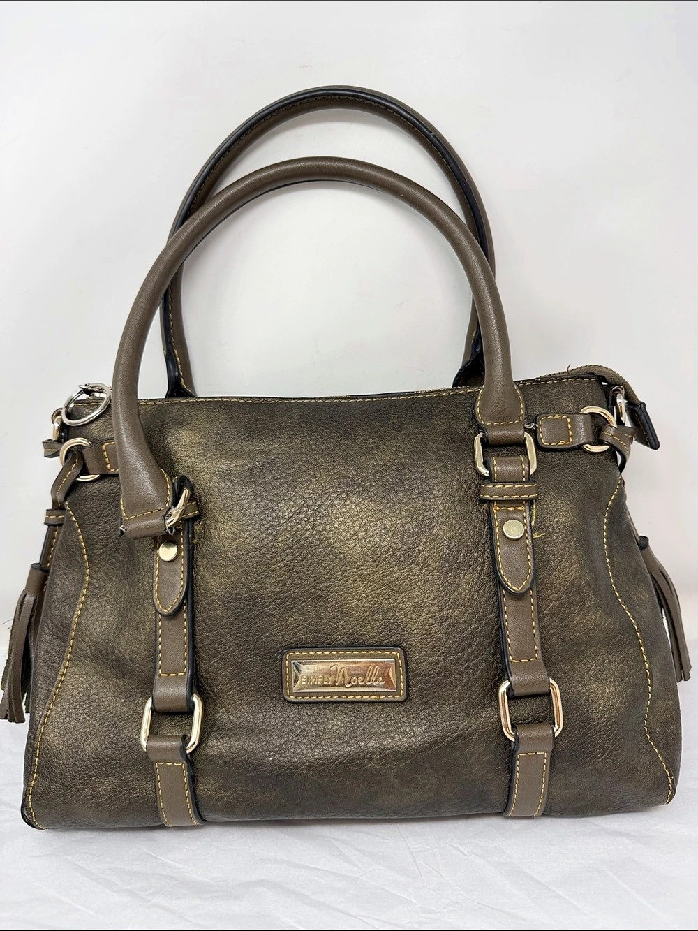 Simply Noelle Olive Faux Leather Satchel Shoulder Handbag Tassel Charm Boho Luxe